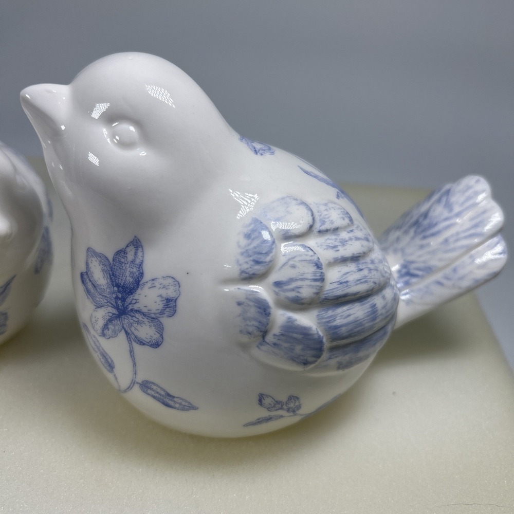 Ceramic Birds Set of 2 White Porcelain Blue Floral English Cottage - Picture 3 of 8